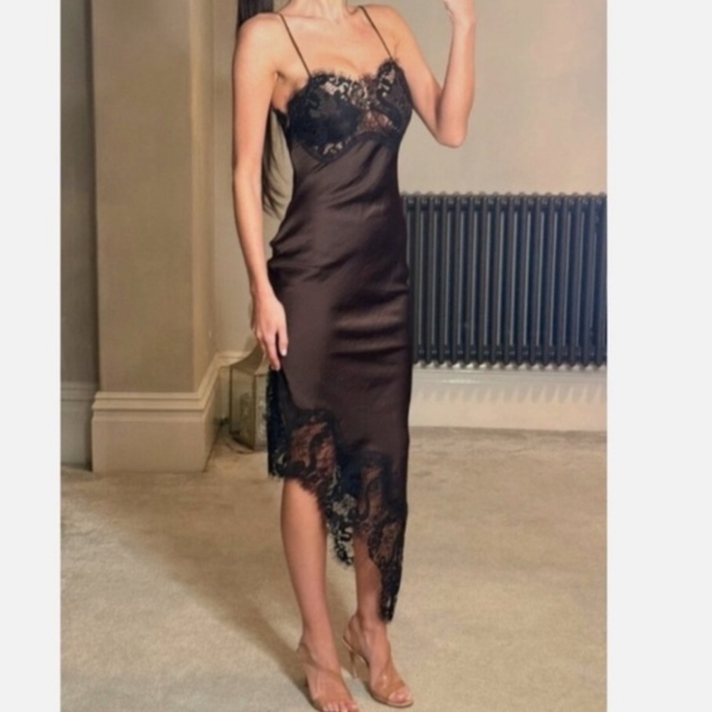 Zara ASYMMETRIC SATIN LACE DRESS Brown Black Size XS S NWT - Picture 6 of 16